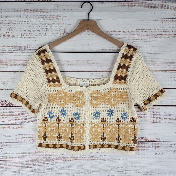Le Lis Crochet Knit Top Button Cropped Womens Size M/L Short Sleeve Boho Beige - Picture 1 of 11